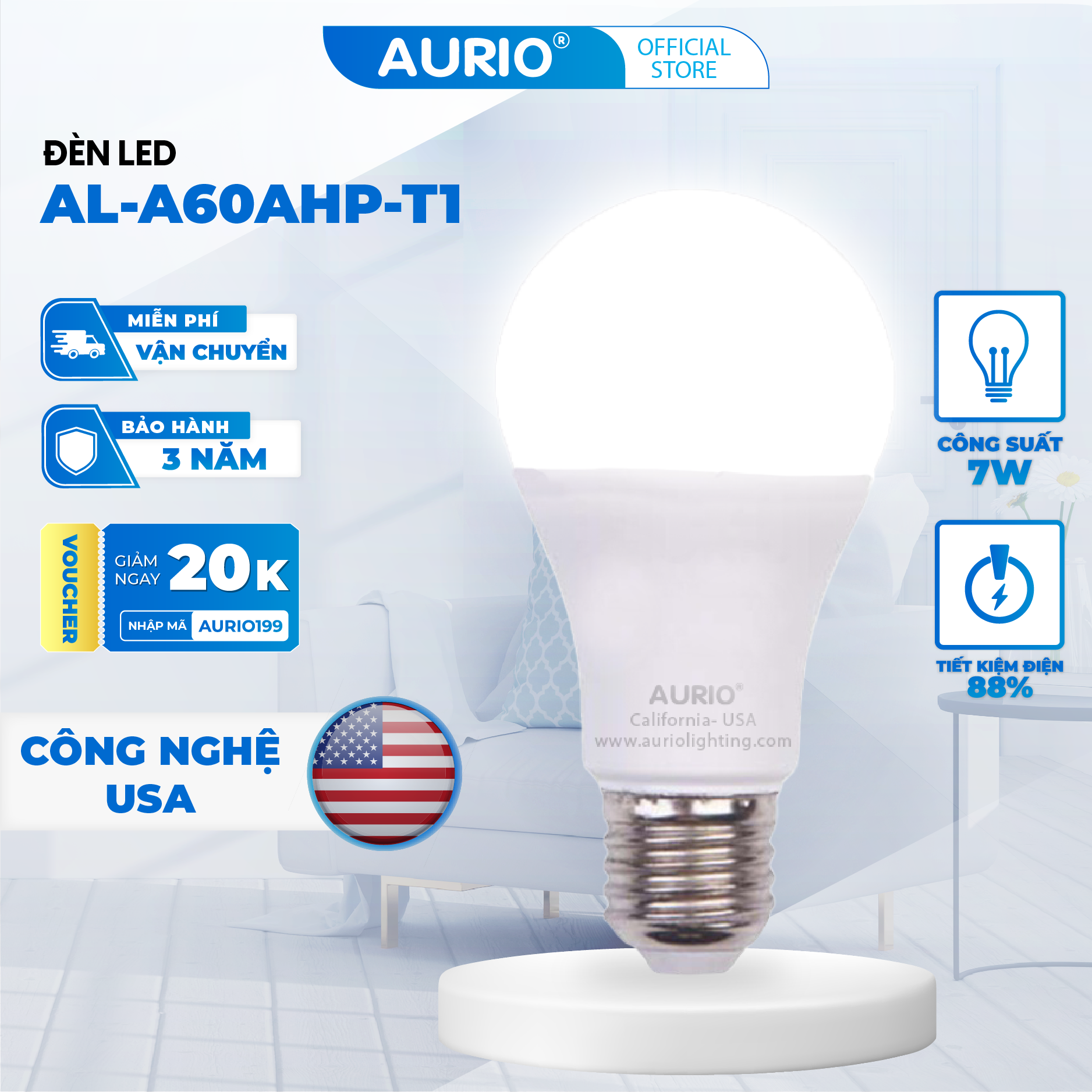 Bóng Đèn Aurio Light LED A60 tiết kiệm điện - Bóng Tròn Lớn 3W 5W 7W 9W