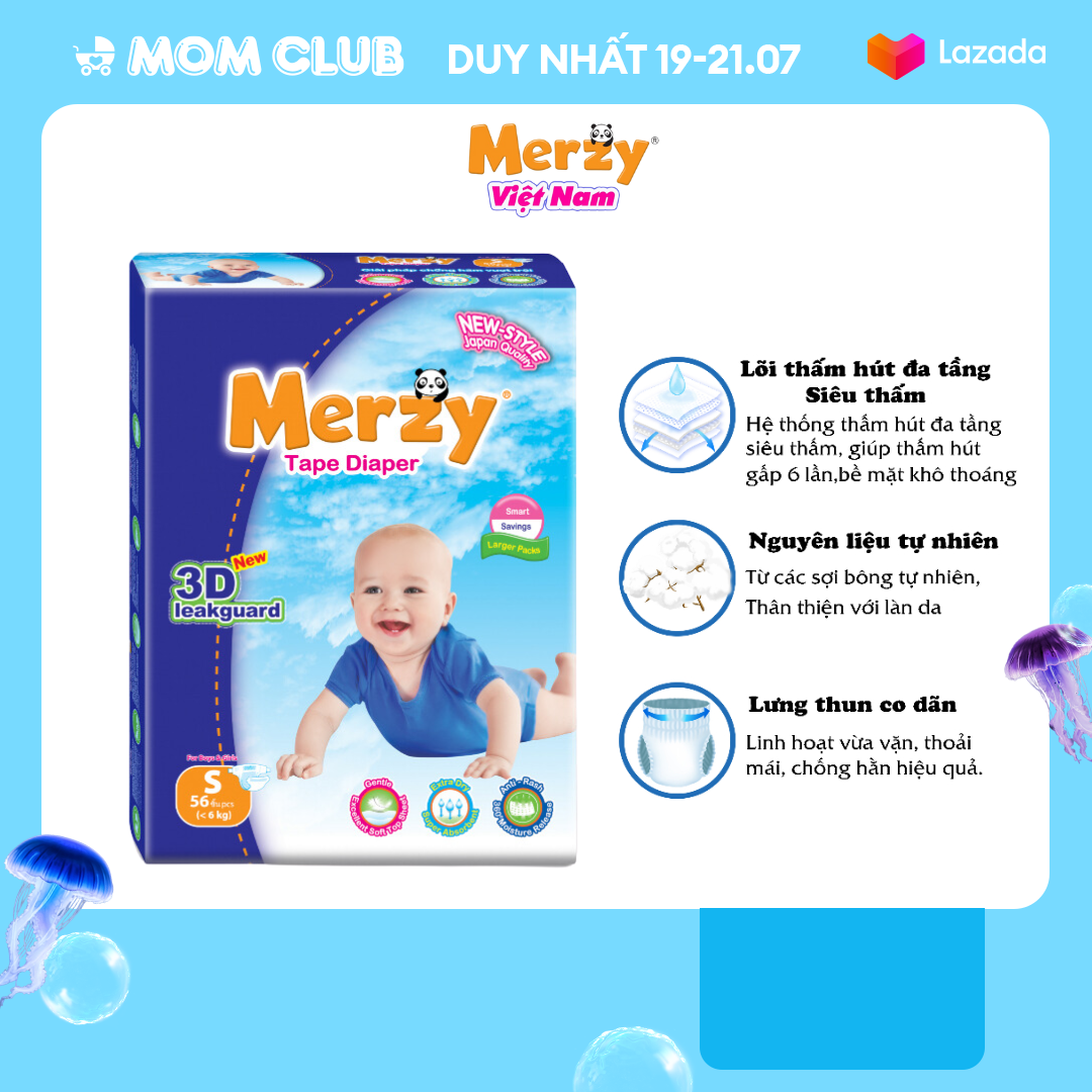 Tã dán trẻ em merzy cao cấp siêu thấm hút size s56/m48/l42/xl38 miếng