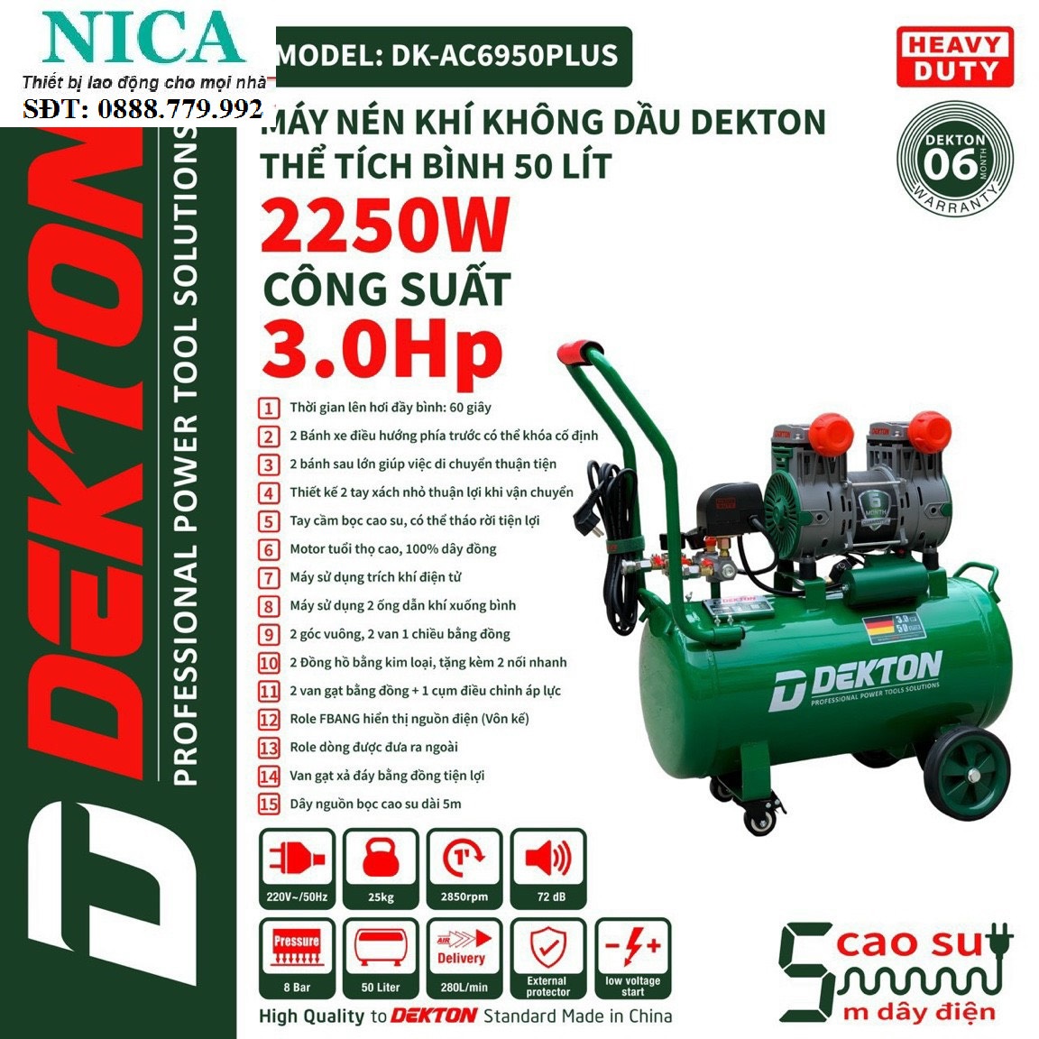 Nén khí không dầu dekton 3hp 2250w / dk-ac6950plus / bình 50l - lưu lượng 280l/phút