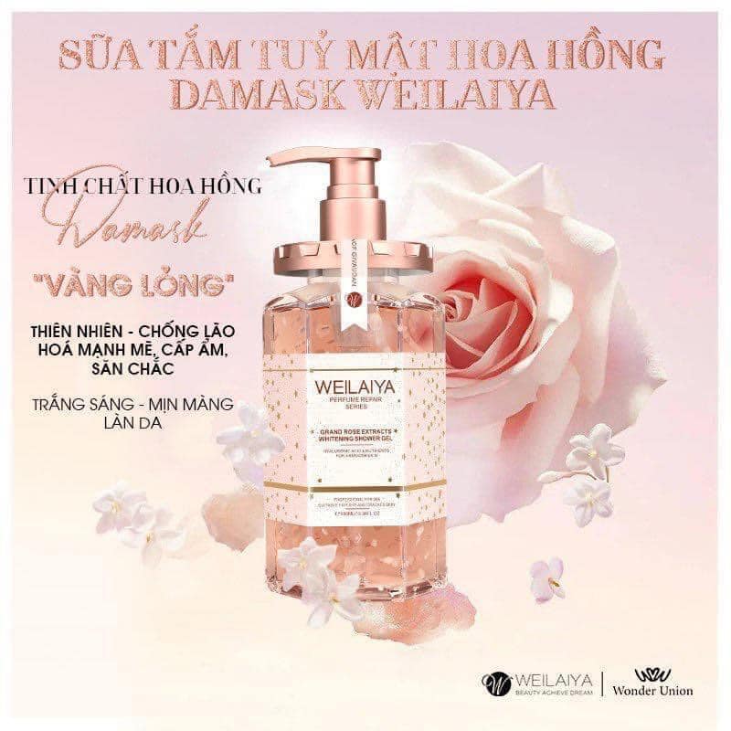 [Hoàn Tiền 8%]Sữa tắm trắng da cánh hoa hồng Damask Weilaiya Grand Rose Extracts Whitening Shower Gel 450ml