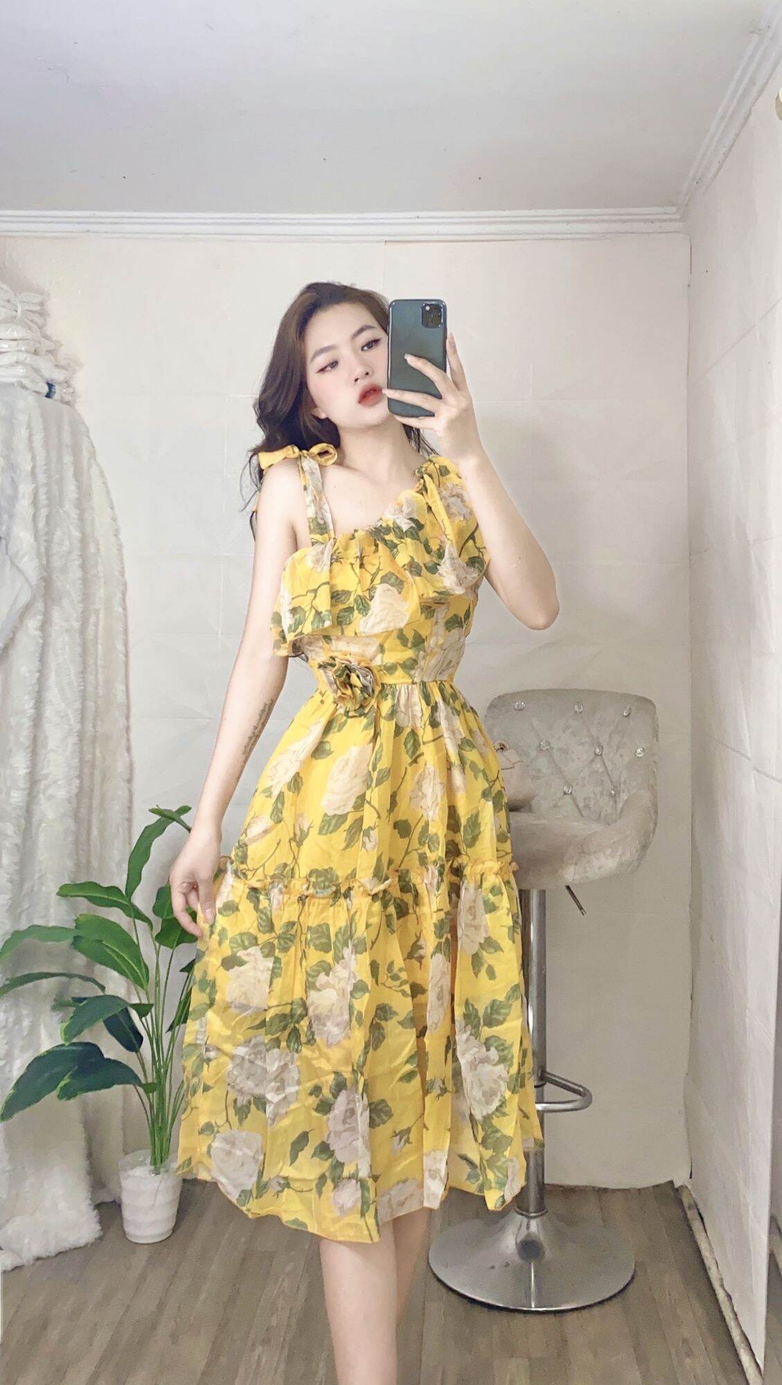 Đầm voan tơ hoa lệch vai siêu xinh. Đầm hoa xinh