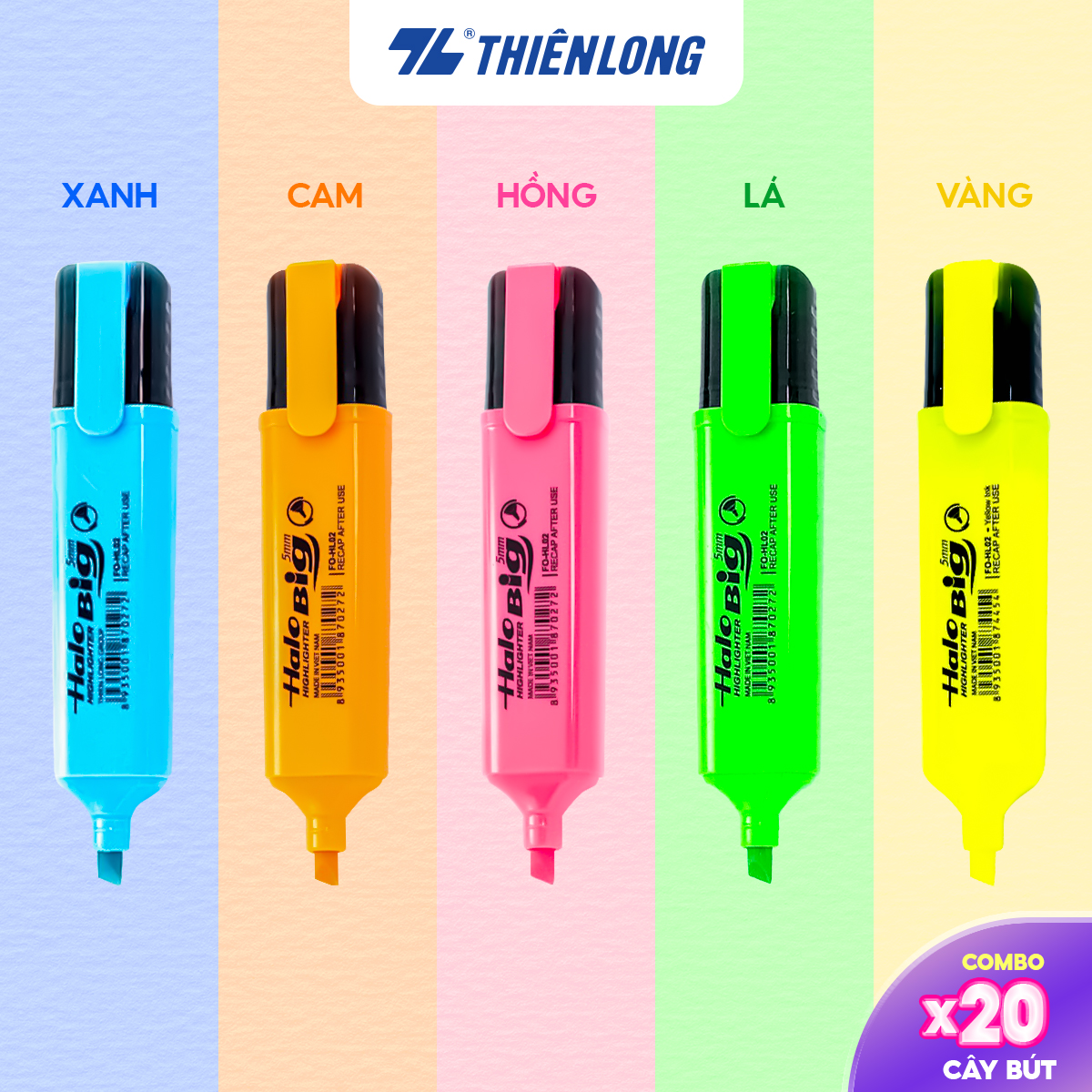 Combo 5/10/20 Bút dạ quang FlexOffice FO-HL02 5 màu: xanh/hồng/cam/vàng/lá dễ dàng highlight, take note thông tin