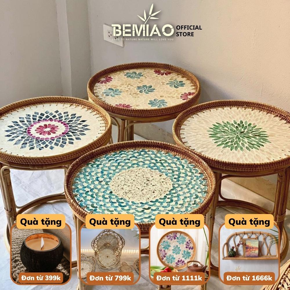 Bàn mây khảm trai, Bàn trà tròn ngồi bệt, Bàn sofa, Bàn cafe trang trí nhà cửa, Thân thiện môi trường Bemiao Shop