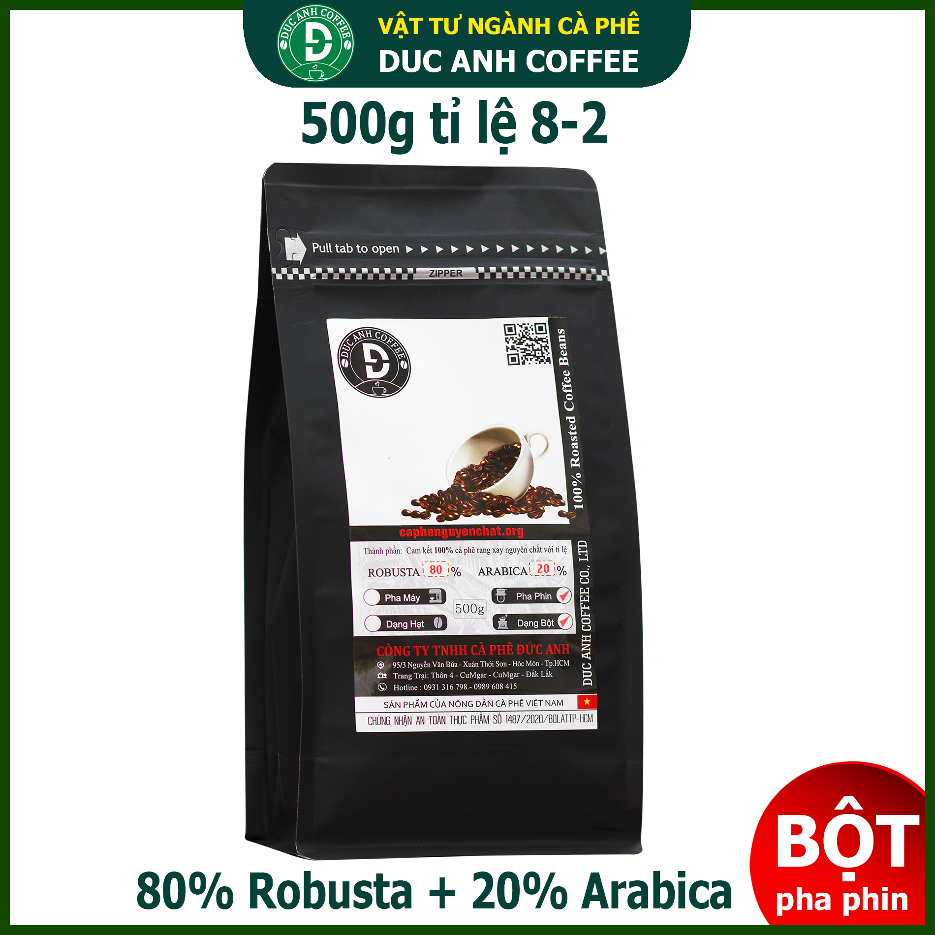 Gói 500g cà phê Bột pha phin tỉ lệ 8-2 rang mộc thương hiệu DUC ANH COFFEE - 80% robusta + 20% arabica Thượng hạng đậm vị hậu ngọt tuyển chọn trái chín - sản phẩm bán trực tiếp từ nông trại