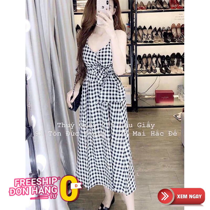 Đầm Dài Caro 2 Dây Nữ Chất Liệu Vải Kate Mềm Mịn