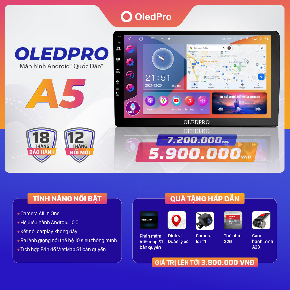 Combo Màn Android OLEDPRO A5 (Tặng Camera Trước - Lùi + Thẻ nhớ 32G)