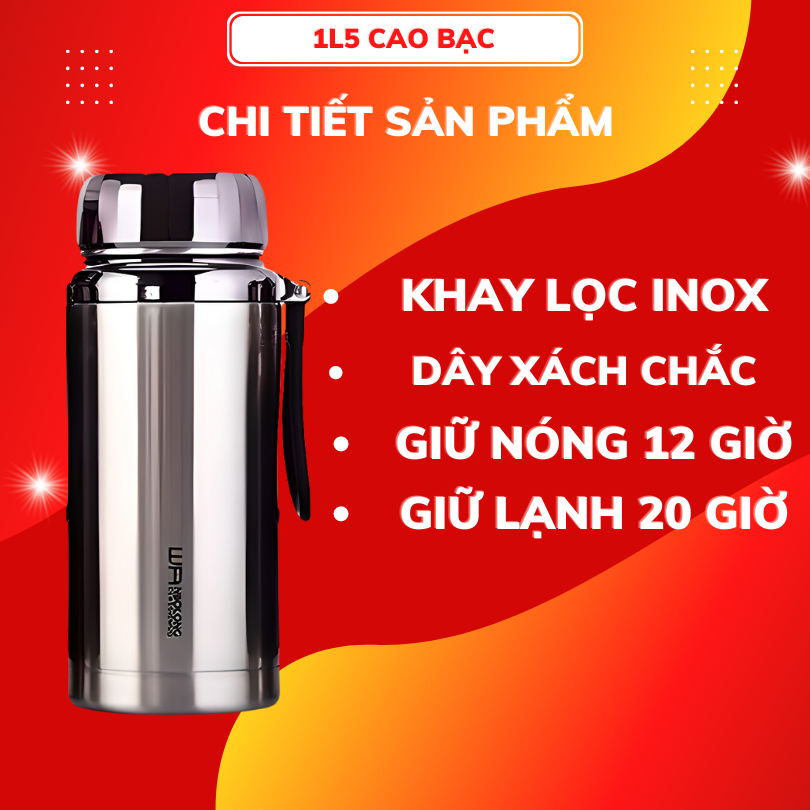 Bình giữ nhiệt 1500ml inox 304 giữ nhiệt 15 tiếng dung tích lớn 3 lớp cách nhiệt giữ nóng hơn 12 giờ , giữ lạnh hơn 20 giờ . bình đựng nước giữ nhiệt cao cấp