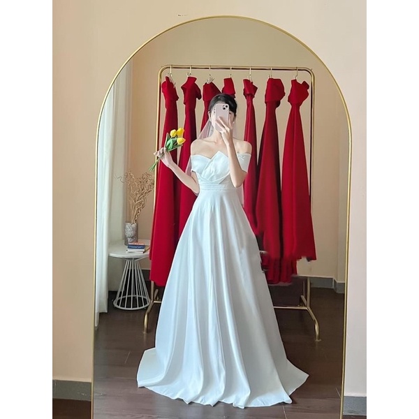 Đầm trắng cô dâu mặc tiệc cưới trễ vai xếp ly sang trọng tiểu thư MiJa - Wedding dress
