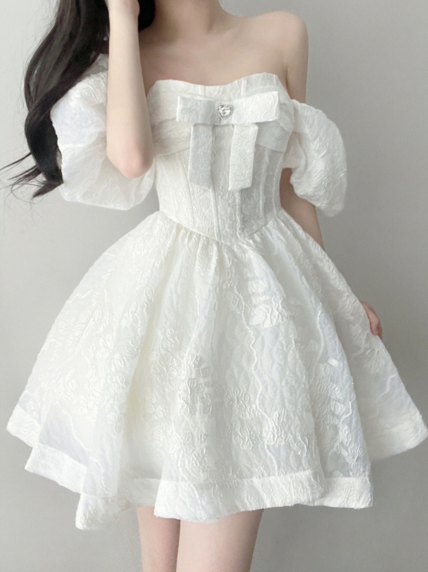 Đầm dự tiệc trễ vai nơ ngực tùng xòe cực xinh có mút ngực form chuẩn tôn dáng Midi dress