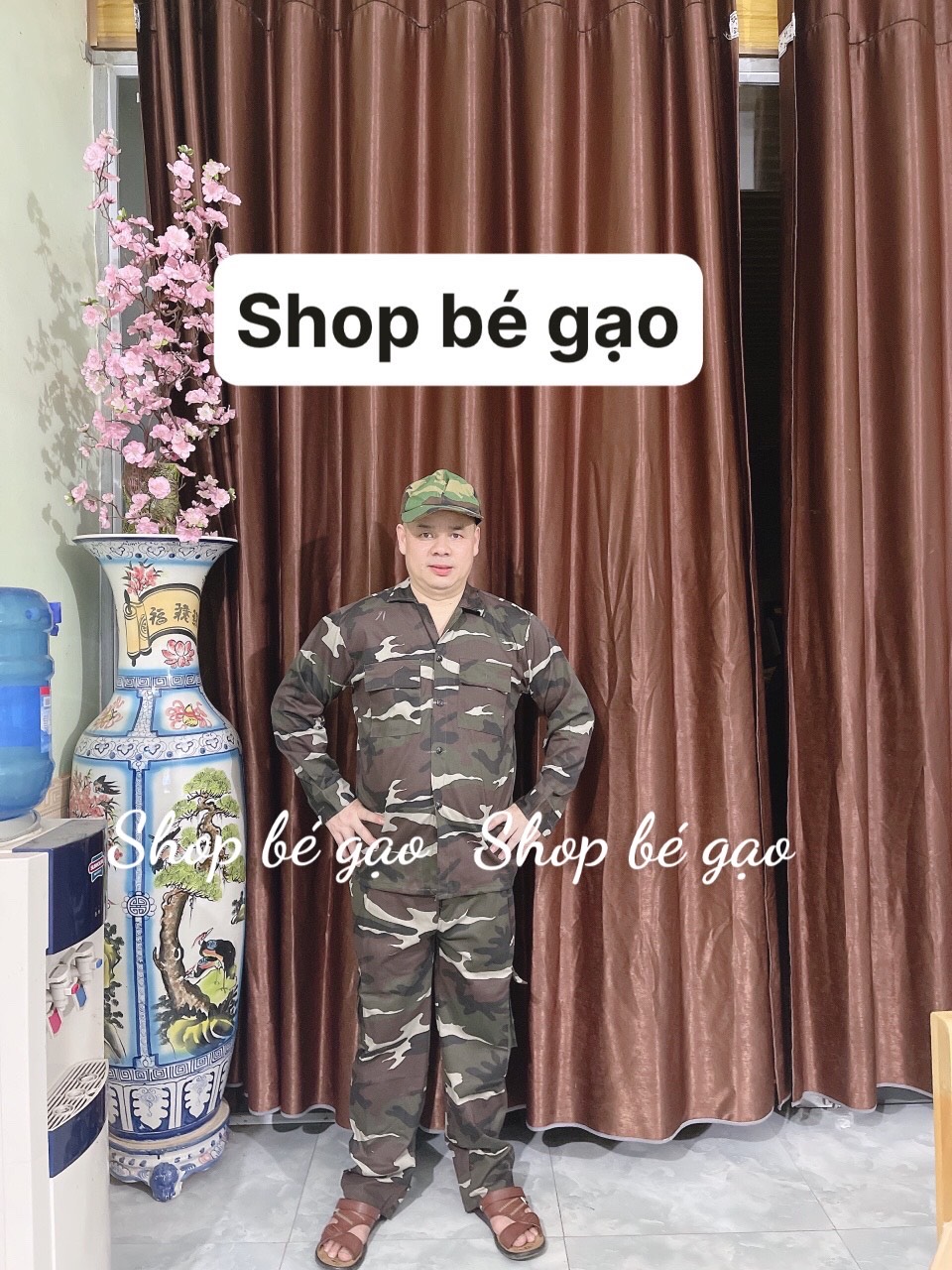 Bộ lao động rằn ri nâu , quần áo bảo hộ lao động vải thô dày dặn