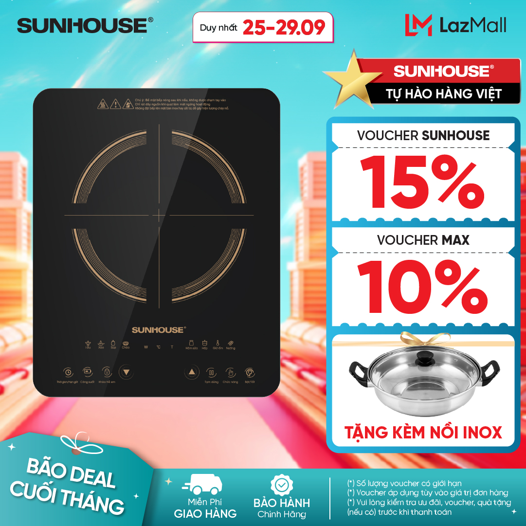 [TẶNG KÈM NỒI INOX] Bếp điện từ SUNHOUSE cảm ứng SHD6803 - Công suất 2000W - Kính cường lực siêu bền - 8 chế độ nấu đa dạng - Bảo hành chính hãng 12 tháng