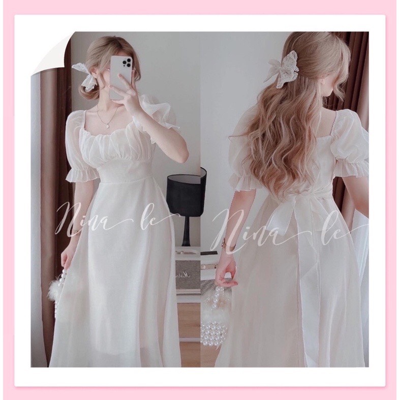 Đầm xòe trắng xếp ly ngực cột nơ eo dd040