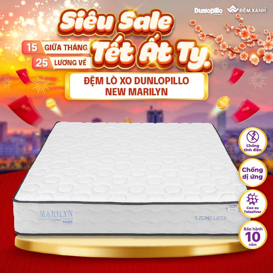 Đệm lò xo Dunlopillo New Marilyn dày 25cm