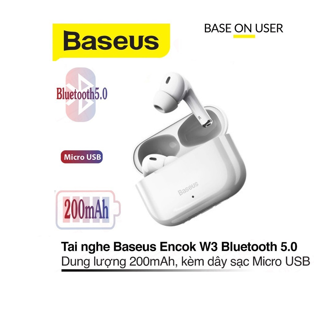 Tai nghe Bluetooth 5.0 Baseus W3 pin 200mAh chất liệu nhựa ABS kiểu dáng hợp thời trang