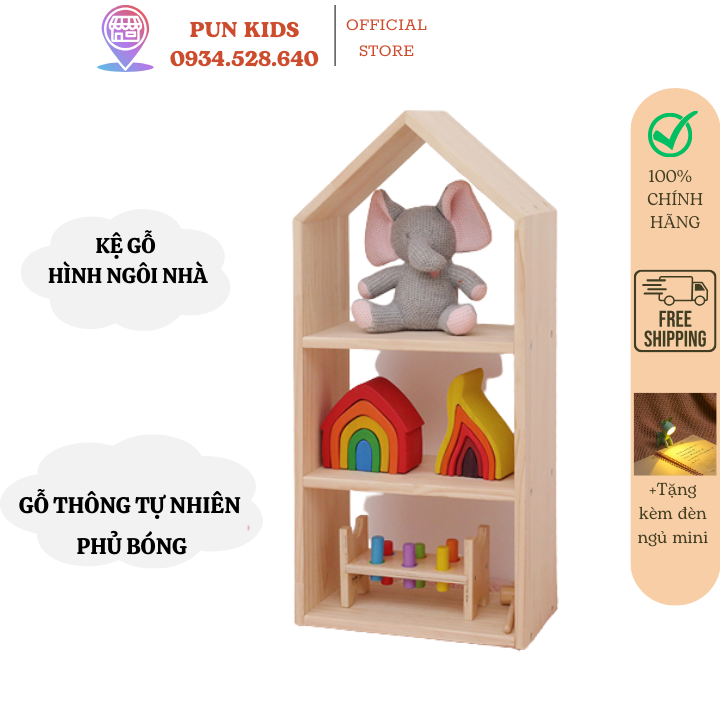 Kệ đựng sách hình ngôi nhà cho bé, giá sách, kệ gỗ 3 tầng đựng đồ Montessori bằng gỗ, phủ bóng an toàn cho trẻ