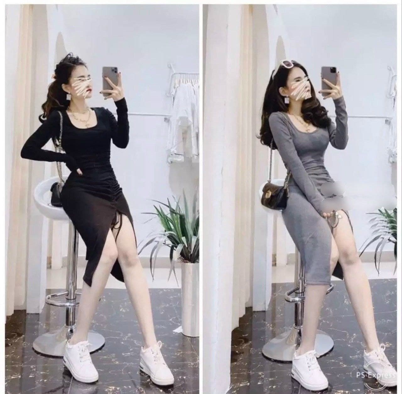 Đầm body tay dài xẻ tà thắt dây sexy hot hot 13D30B1