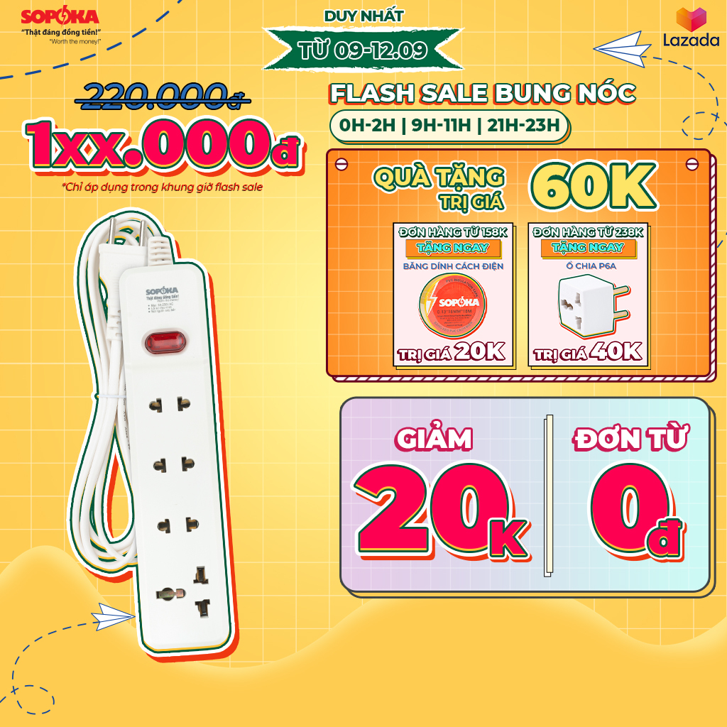 Ổ cắm điện liền dây chịu tải 2200W SOPOKA 3M2-6M2 dây 2,5 mét công tắc an toàn