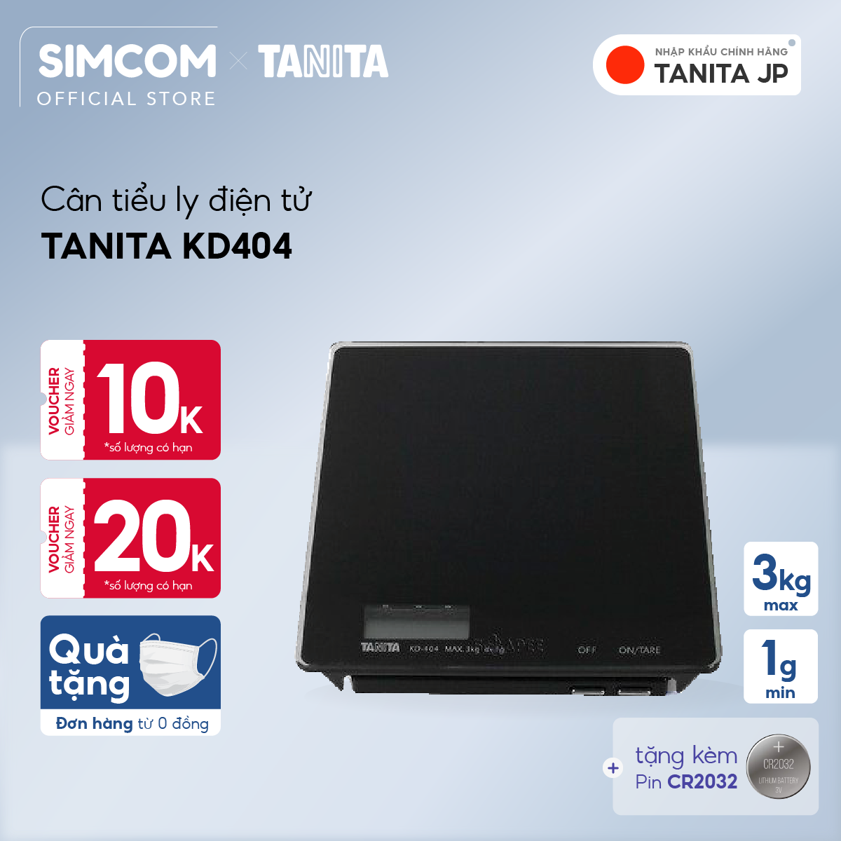 Cân tiểu ly điện tử TANITA KD404 3kg - 1g, hỗ trợ làm bánh, giảm cân, bảo hành chính hãng nhật bản 6 tháng, tặng pin, Simcom