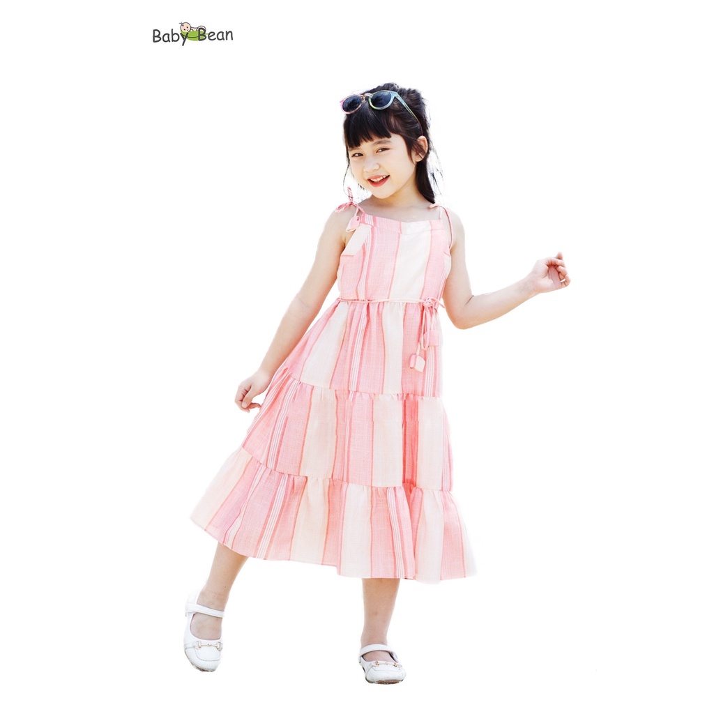Váy đầm đũi lụa 3 tầng thắt dây eo bé gái babybean