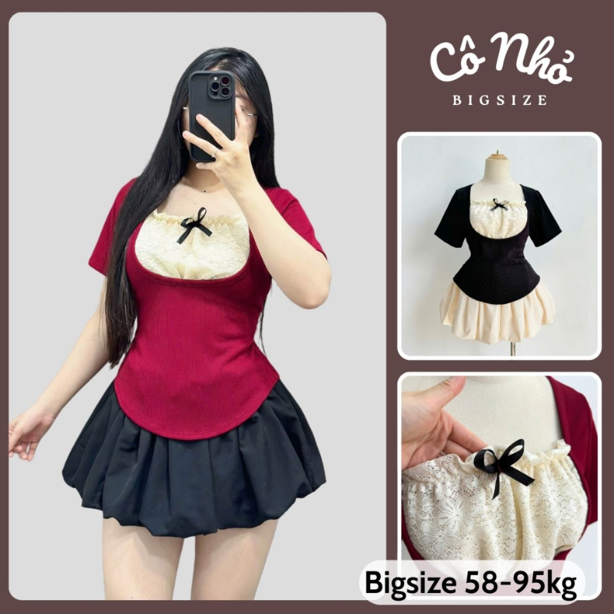 Set Tiểu Thư Phối Ren Bigsize (CÓ LẺ/ VÁY), Áo Cổ Vuông Phối Ren 2 Lớp Mềm Mại Kết Hợp Chân Váy Bí SET948