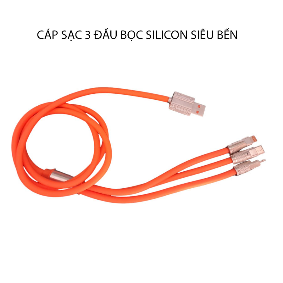 Cáp sạc điện thoai 3 đầu - cáp sạc 3 đầu bọc silicon siêu bền - cáp sạc điện thoại 3 đầu