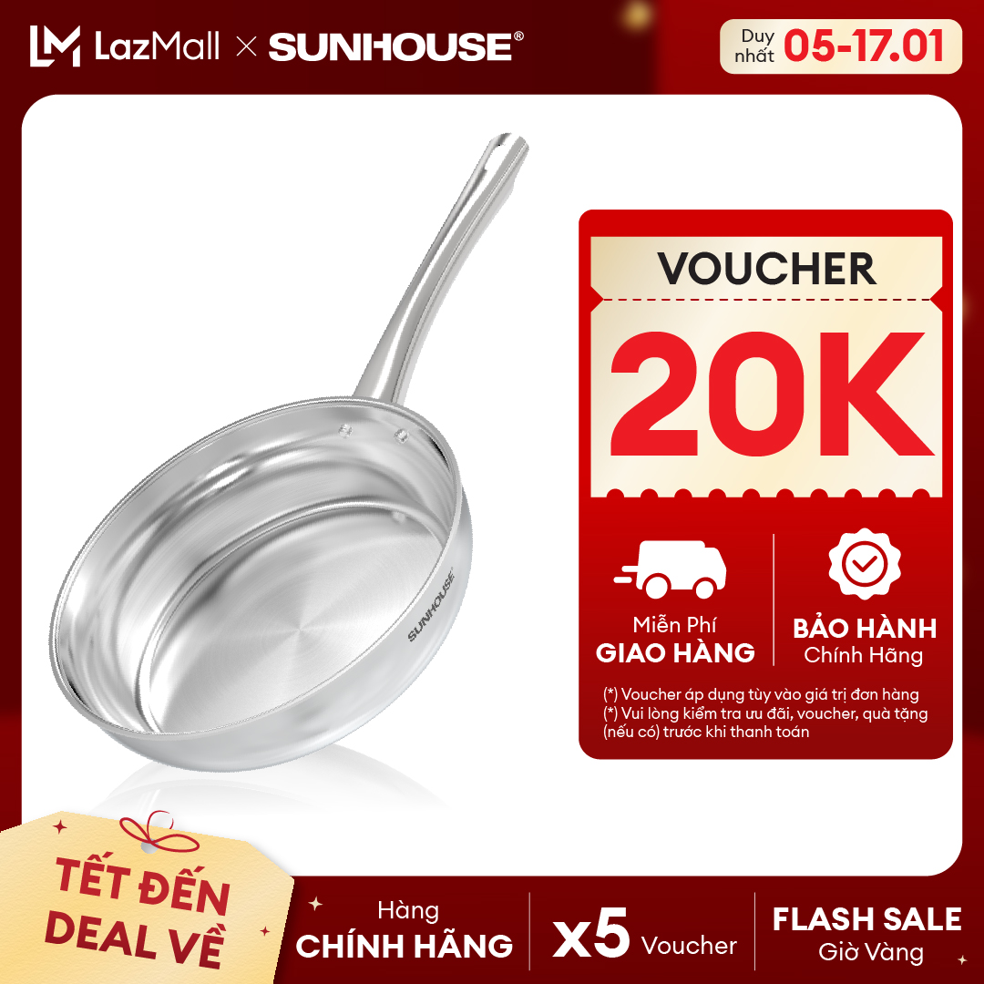 [DEAL SỐC ĐÓN TẾT] Chảo inox chống dính tự thân đa lớp Sunhouse IN20-26M7E - Inox dày gấp bốn lần - Chống dính tự nhiên an toàn bền bỉ - Dùng mọi loại bếp