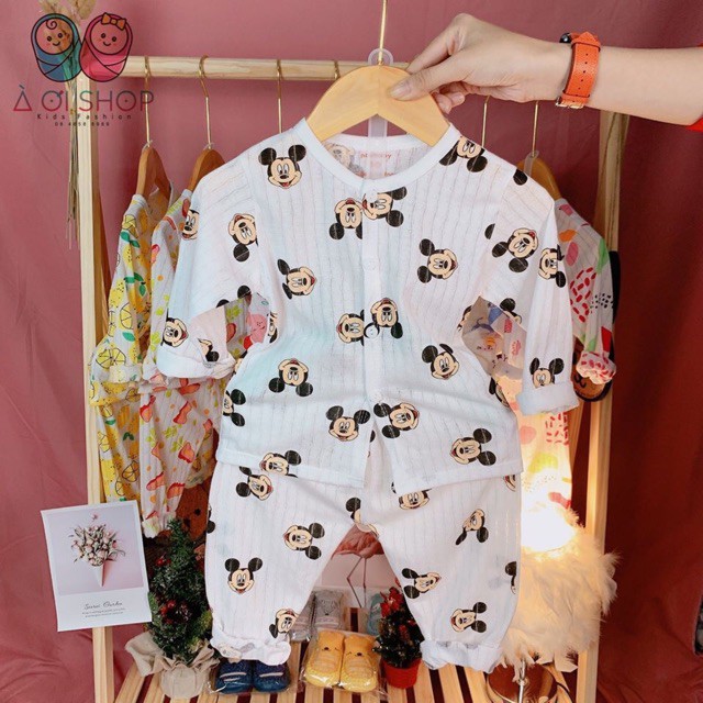 Combo 5 bộ cotton giấy dài tay cài khuy giữa cho bé trai, bé gái từ 5-14kg, quần áo sơ sinh, quần áo trẻ em