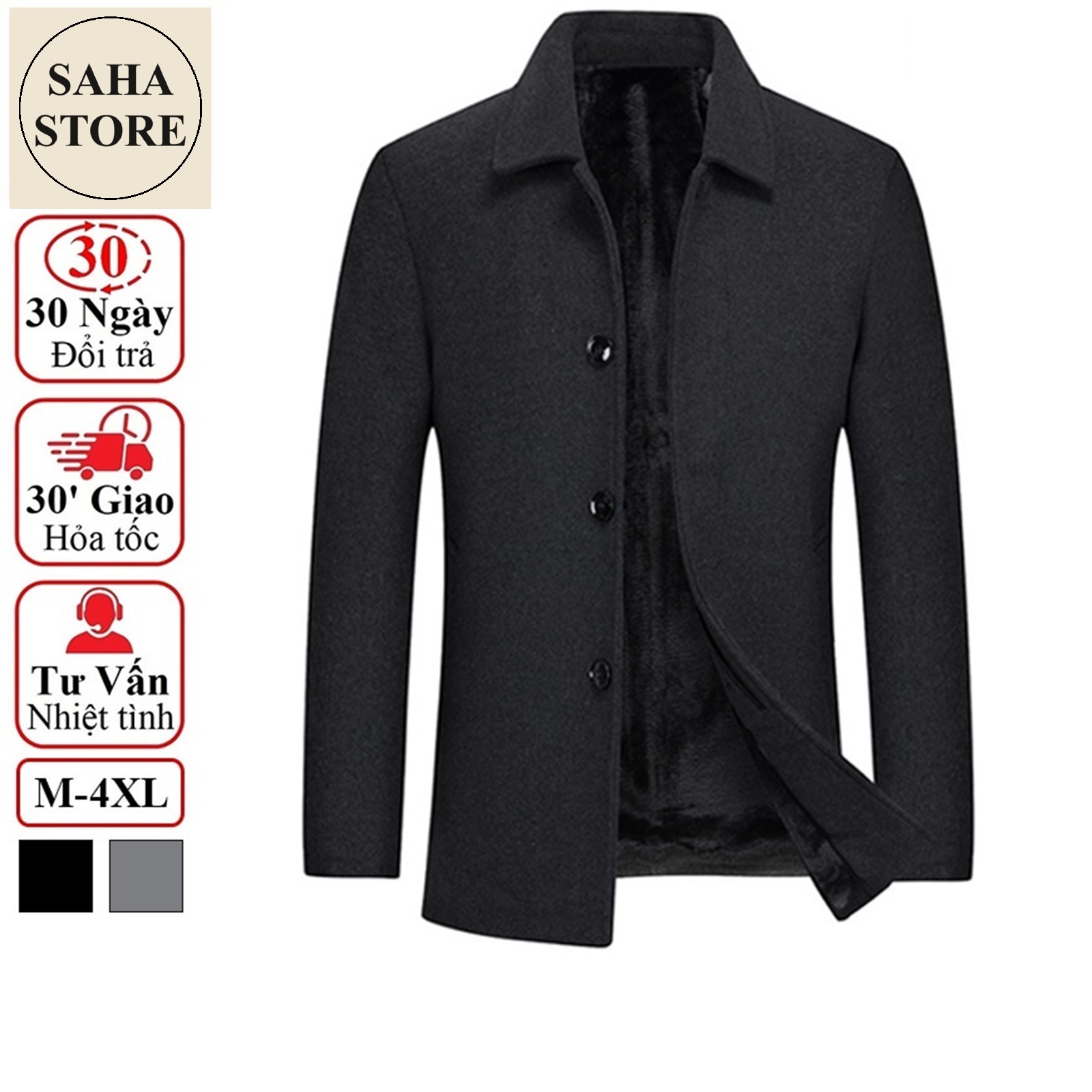 Áo khoác nam blazer dạ lót lông cừu SAHA04 dáng ngắn dày mangto hàn quốc trần bông có big size lớn 3XL 4XL màu đen xám