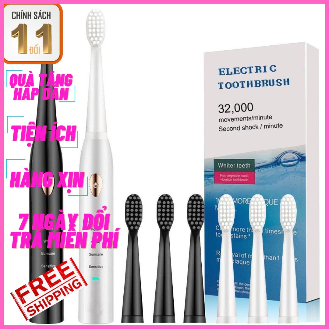 Bàn Chải Đánh Răng Điện Electric Toothbrush Tự Động Đánh Răng 5 Chế Độ Làm Sạch - Mua 1 Tặng 4 Đầu Chải, ban chai danh rang, ve sinh rang mieng, ban chai dien, cham soc rang mieng,...
