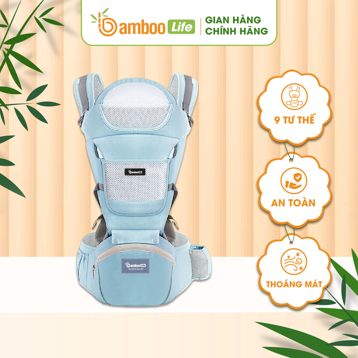 Địu em bé Bamboo Life BL031, địu 4 tư thế có đỡ cổ cho bé sơ sinh trợ lực, đa chức năng có ghế chống gù siêu nhẹ cho trẻ em đi xe máy, đi chơi, đi siêu thị an toàn