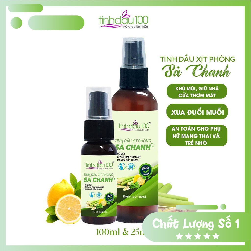 Xịt phòng sả chanh với tinh dầu xả chanh, chanh, bạc hà khử mùi, thơm phòng, tủ quần áo, nhà vệ sinh, đuổi muỗi, côn trùng. An toàn cho phụ nữ mang thai và trẻ em Tinh Dầu 100 Store