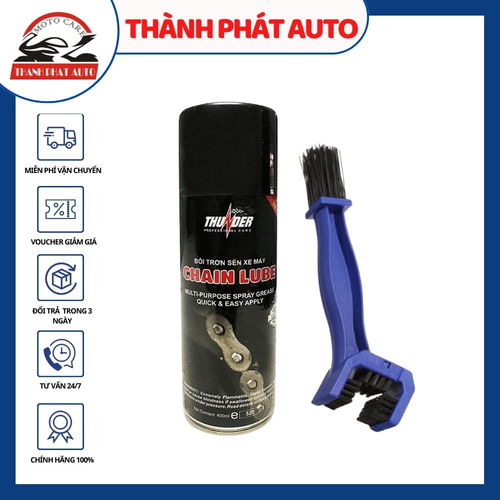 Chai xịt bôi trơn bảo vệ sên xe máy / mô tô Thunder Chain Lube 400ml và bàn chải vệ sinh sên cao cấp