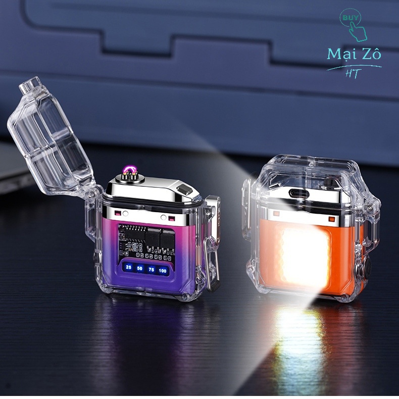 Bật lửa điện, hộp quẹt điện plasma vỏ trong suốt kiêm đèn pin mini 3 chế độ chống nước , chống gió. sạc nhanh bằng cổng type C, kèm dây đeo dây sạc và hộp.