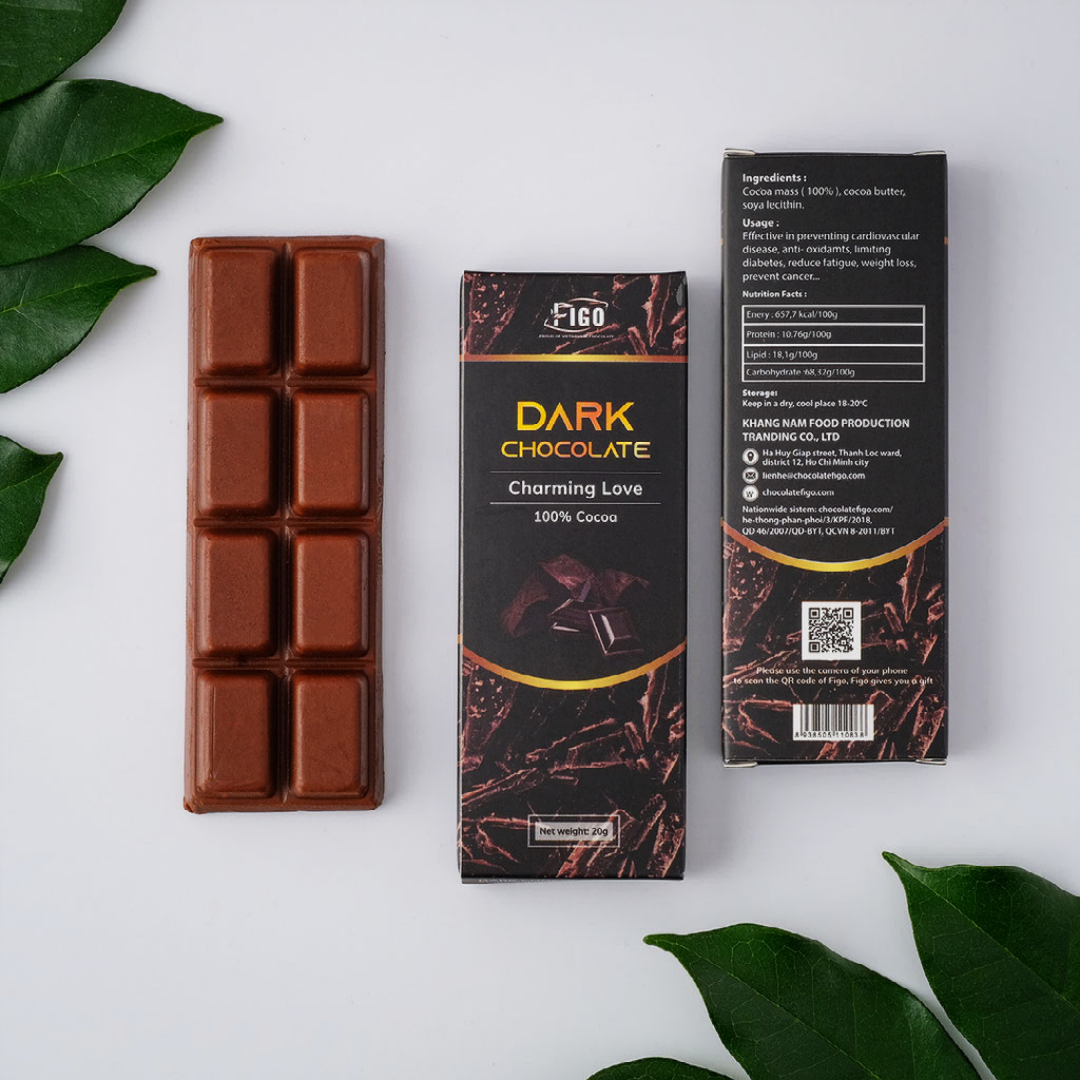 [VỊ ĐẮNG KHÔNG ĐƯỜNG-BAR 20G] Dark Chocolate 100% cacao nguyên chất 20g FIGO, đồ ăn vặt giảm cân, ăn kiêng