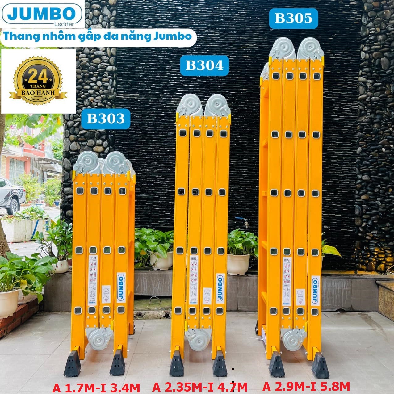 Thang Đa Năng Jumbo,  Thang nhôm gấp 4 đoạn SƠN VÀNG TĨNH ĐIỆN CAO CẤP  B303 B304 B305  - Tải trọng 300kg, Bảo hành 2 năm