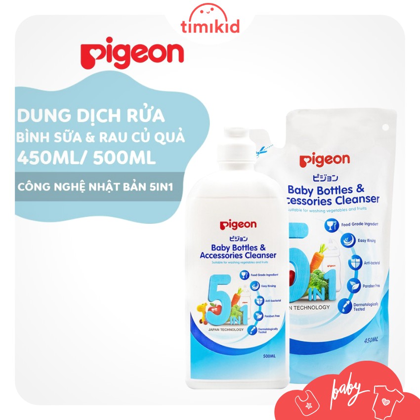 Nước rửa bình sữa và rau củ quả Pigeon eco 5 trong 1 chai 500ml, túi 450ml - Timikid Store - an toàn cho bé