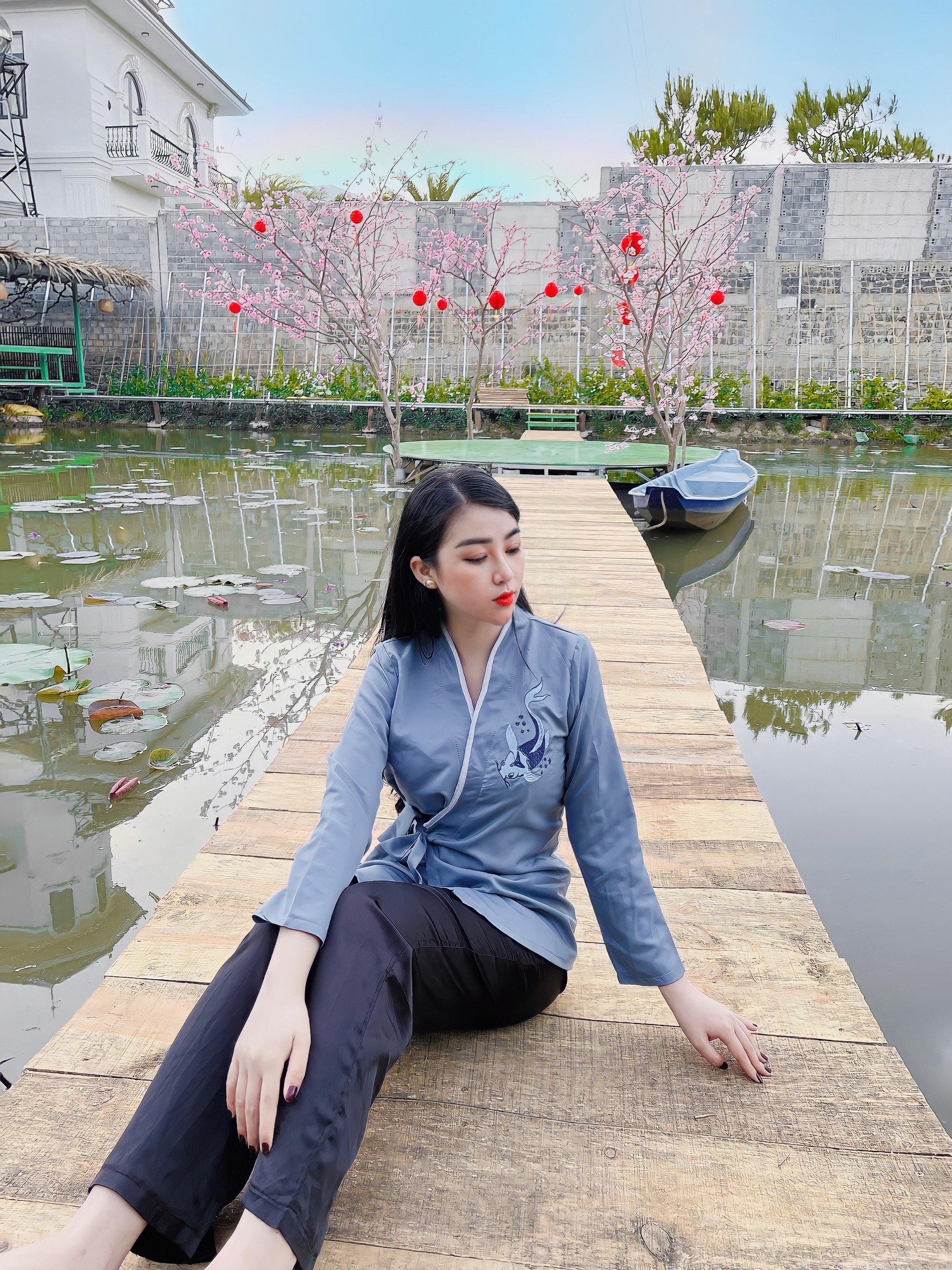 Set đồ lam đi chùa phối họa tiết cao cấp