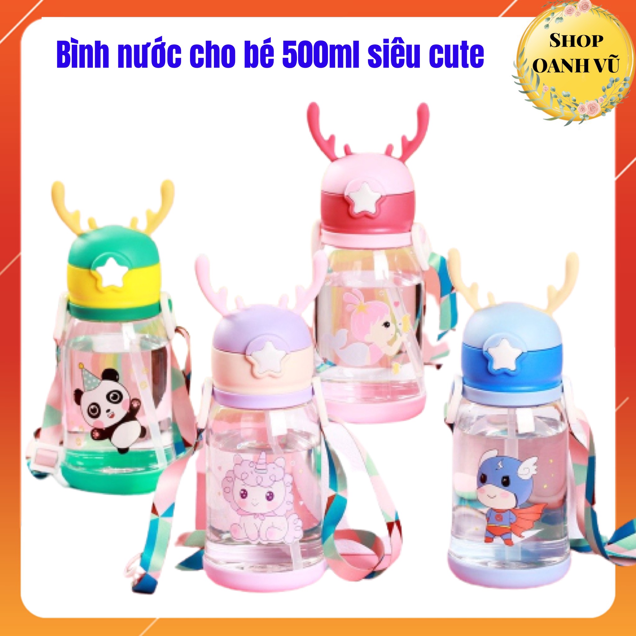 Bình nước đi học cho bé 500ml có dây đeo hình thú dễ thương - oanh vũ