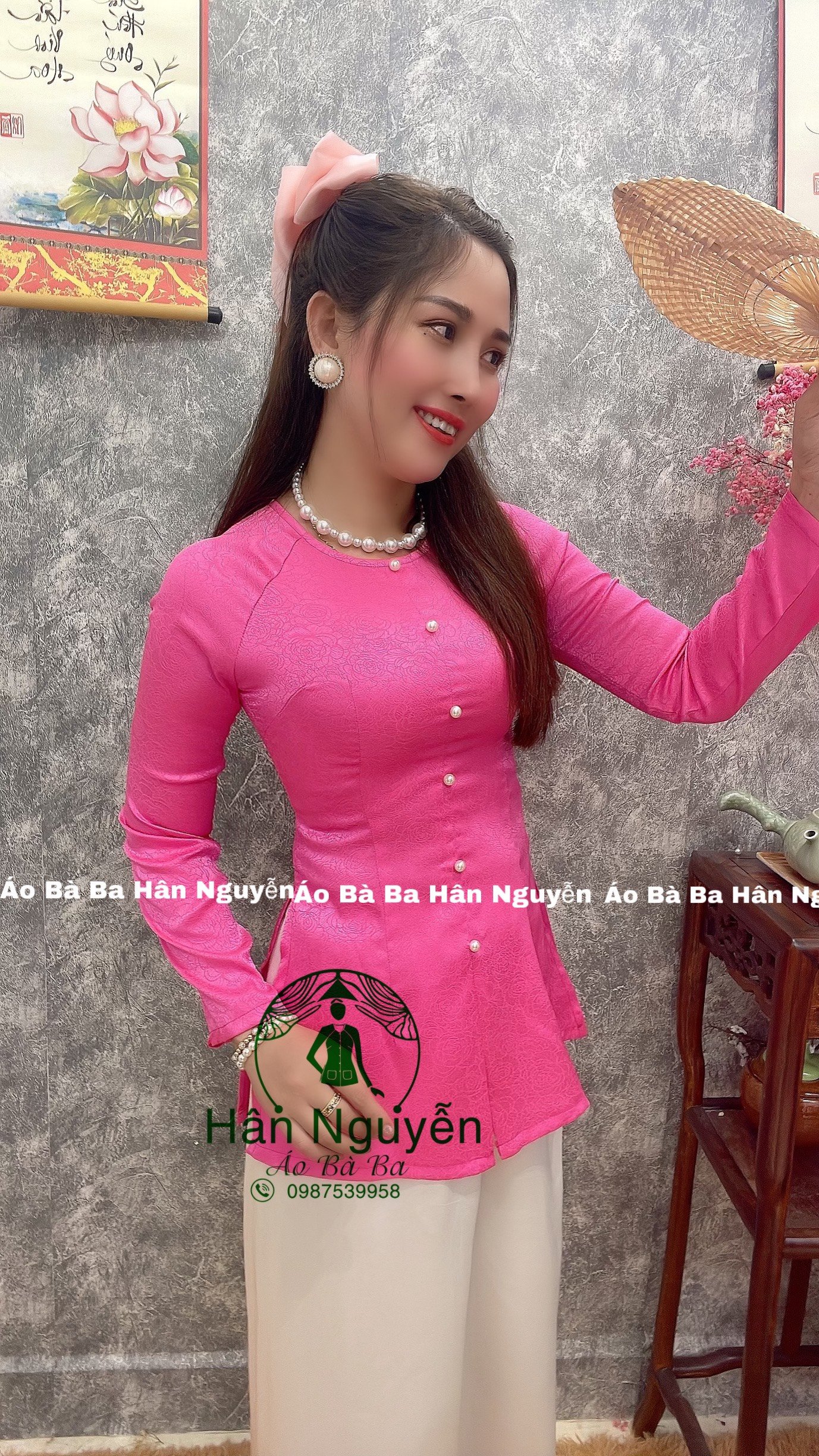 Áo bà ba gấm dây kéo hoa hồng