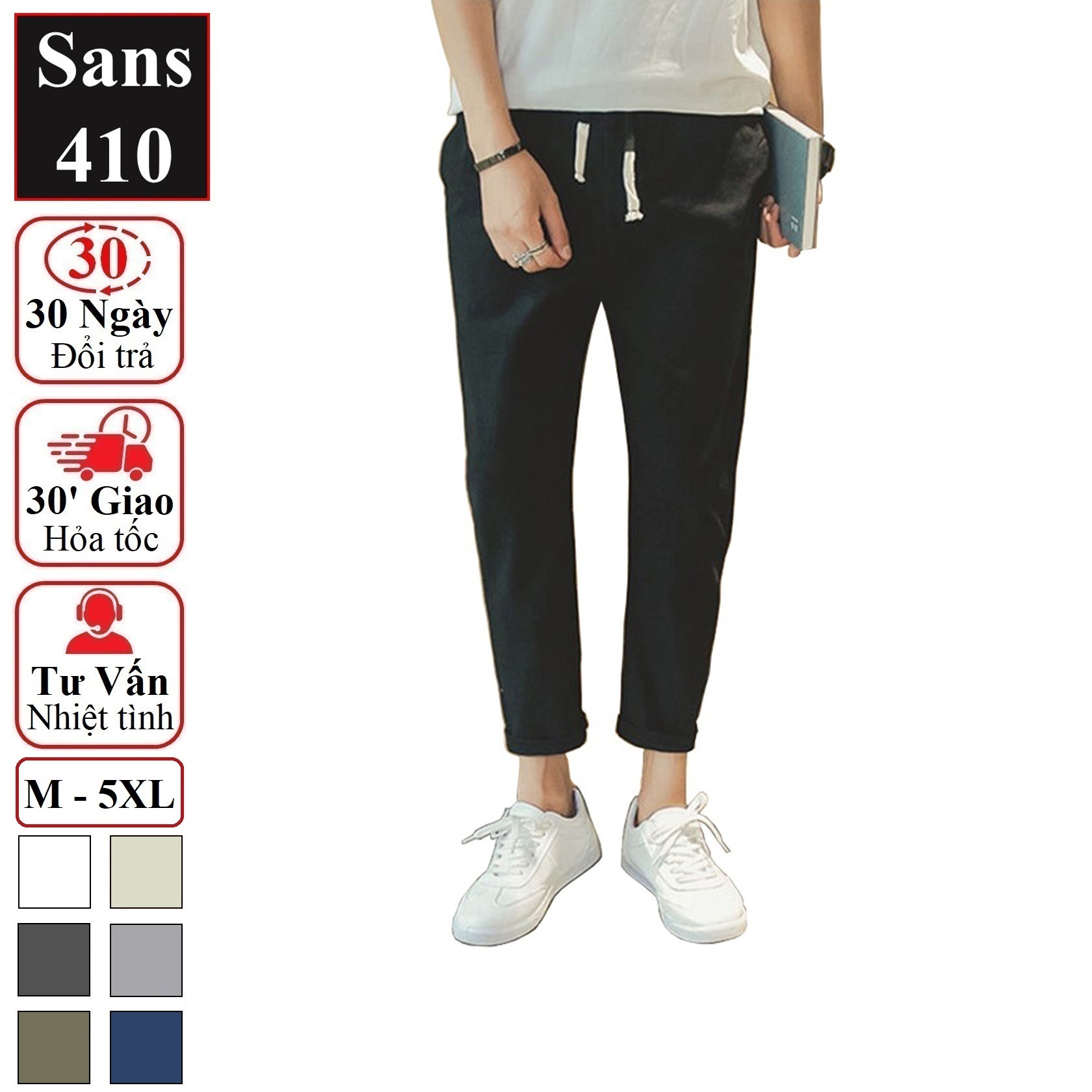 Quần đũi dài nam Sans410 thoáng mát nhẹ cho mùa hè đẹp mềm mại ống suông big size 3xl 4xl 5xl đen trắng xanh rêu xám be