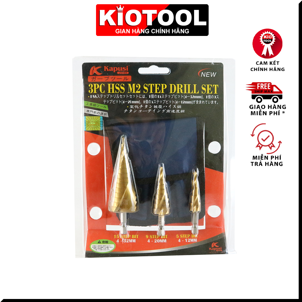 Bộ 3 mũi khoan bước, tháp titanium 4-32mm Kapusi rãnh xoắn