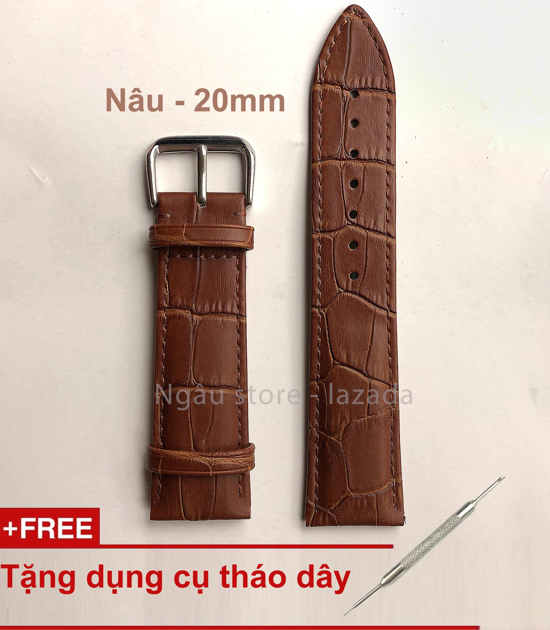 Dây đồng hồ da bò vân cá sấu nam nữ cao cấp - Genuine leather (20mm) + tặng dụng cụ thay dây