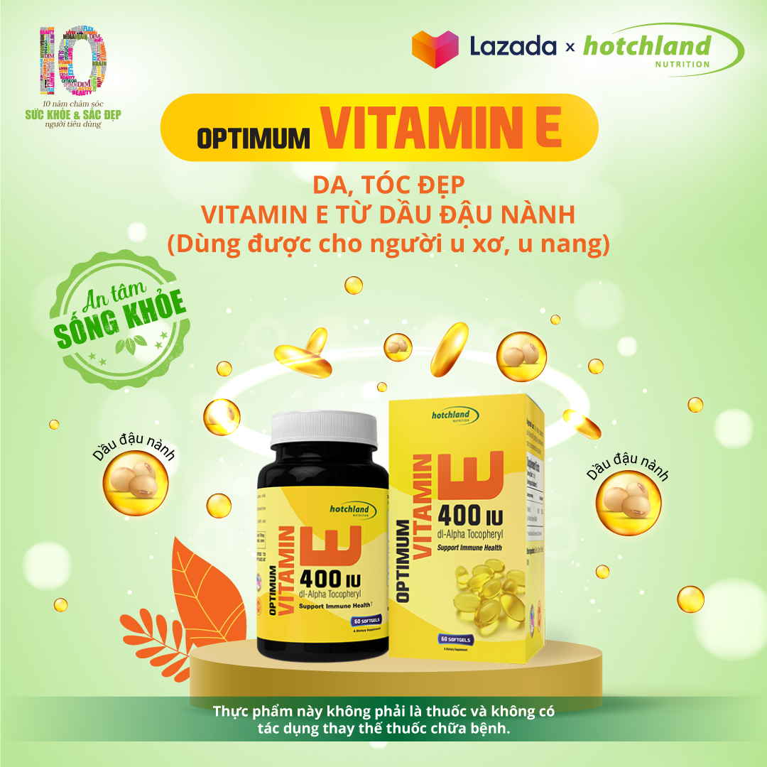 Viên uống optimum vitamin e 400 iu giúp đẹp da, chống nám da, lão hóa da - chính hãng hotchland nutrition việt nam - hộp 60 viên - hl3692
