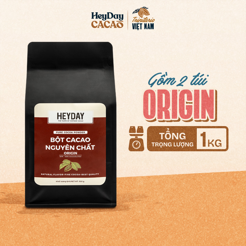 1Kg Bột cacao nguyên chất Việt Nam không đường Heyday - Origin 18% bơ cacao tự nhiên - Hỗ trợ giảm cân - Keto - Vị socola nguyên bản - Không hương liệu, phụ gia - Túi Zip