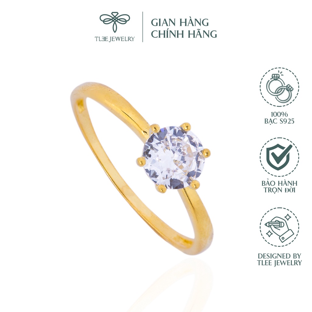 Nhẫn bạc nữ TLEE đá sáu chấu mạ vàng 14k viền trơn cao cấp TleeJewelry A0149