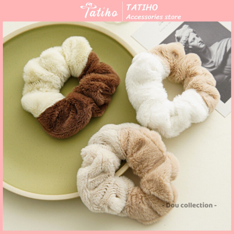 Dây buộc tóc nữ, Cột tóc scrunchies lông mịn cute tone nâu be - mẫu DT001