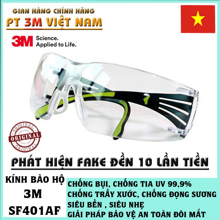 Kính bảo hộ 3M SF401AF kính chống bụi chống tia UV chống đọng sương chống trầy xước (màu trắng) Chính hãng Hà Nội