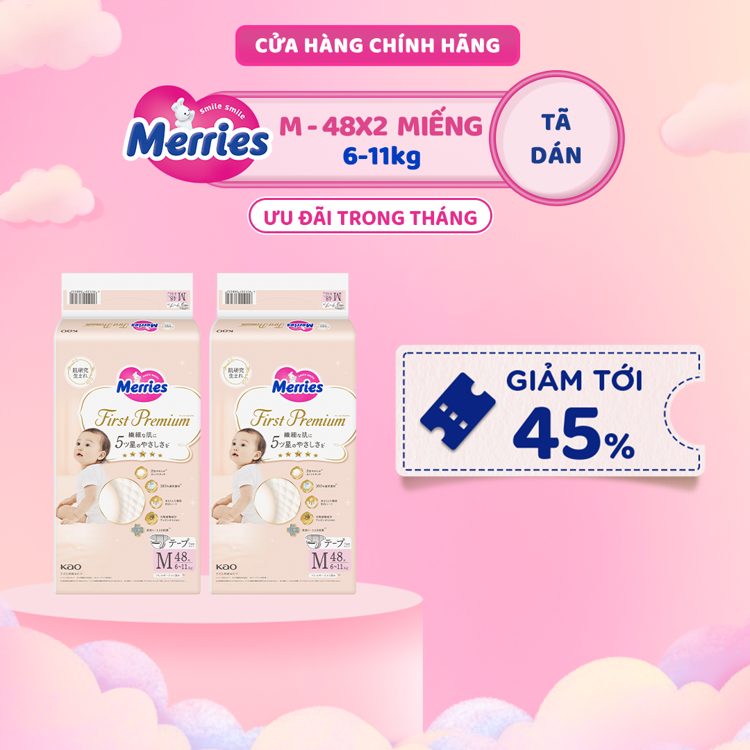 Combo 2 Tã dán Merries First Premium đủ size NB66/S60/M48
