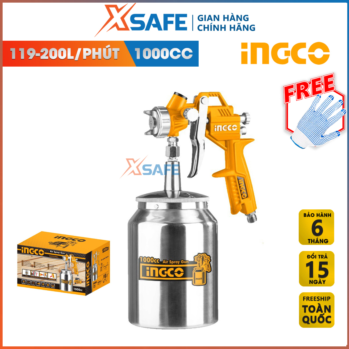 Súng phun sơn INGCO ASG3101 1000cc có chỉnh gió bình nhôm máy phun sơn bằng khí nén sơn xe máy ô tô gỗ nhà cửa
