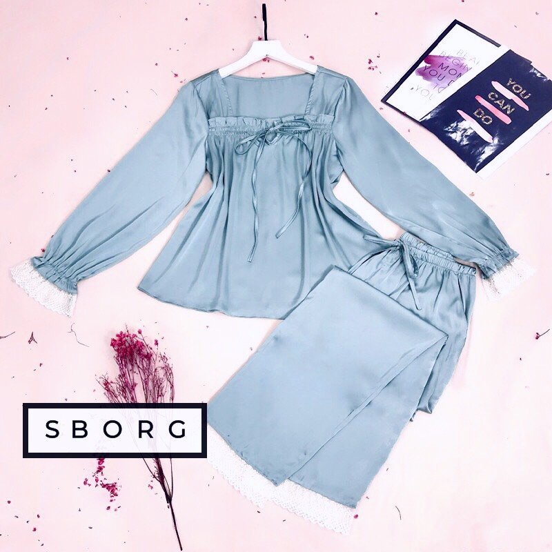 Đồ bộ nữ SBORG bộ pijama lụa latin cao cấp mềm mịn mát áo cổ vuông tay dài viền ren dễ thương phối quần dài có túi quần sâu freesize dưới 65kg rộng rãi phù hợp mẹ bầu và sau sinh quà tặng vợ, thoải mái khi mặc ở nhà và ra ngoài